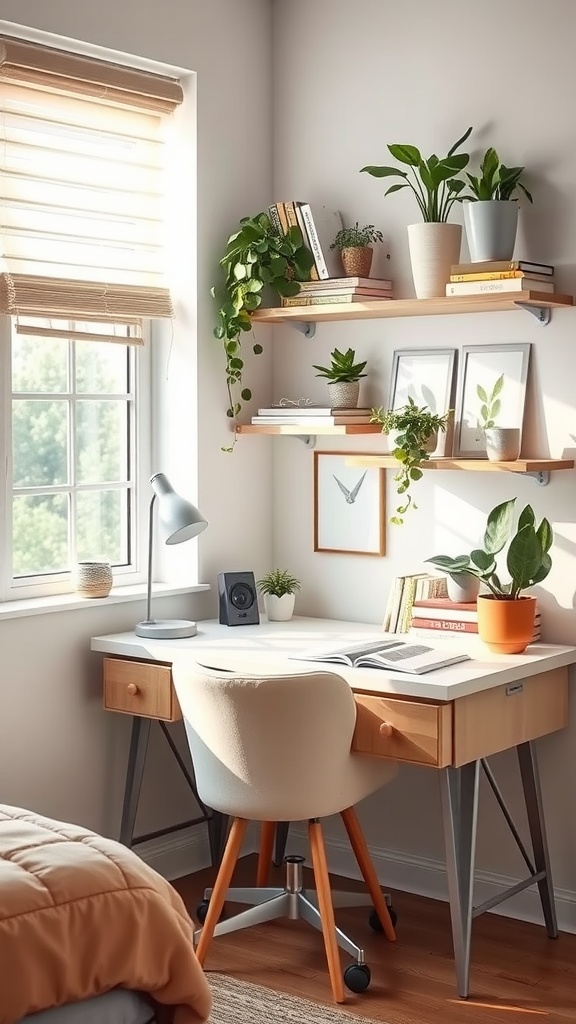 A cozy corner workspace in a small bedroom featuring a desk, plants, and shelves.