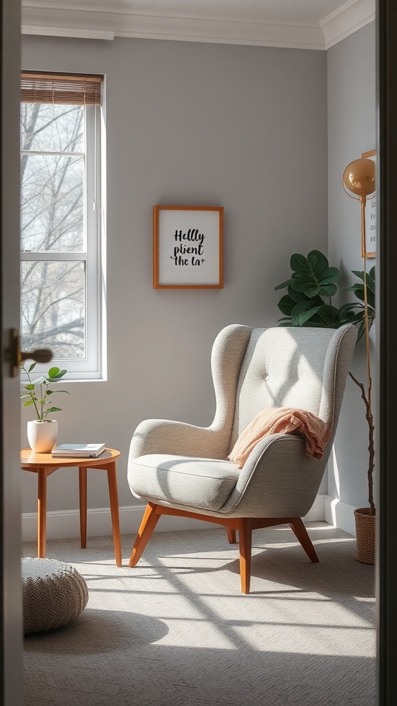 A cozy reading chair in a small home office setting, featuring a side table, a plant, and natural light from a window.