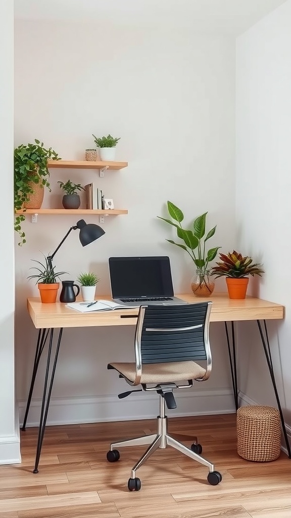 A small home office corner with a wooden desk, chair, and plants on floating shelves.