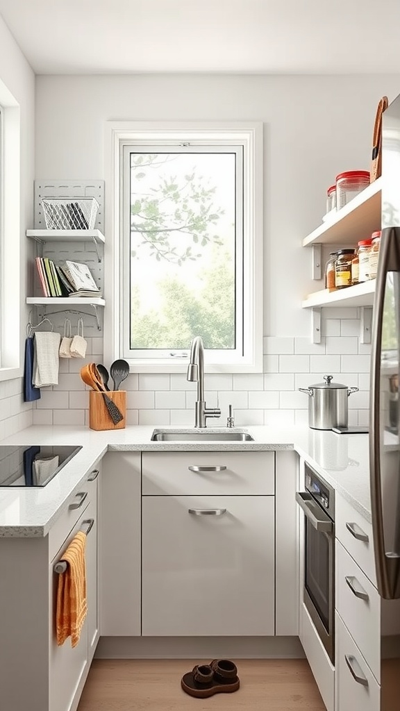 Small kitchen with organizers, featuring open shelves and utensil hooks.