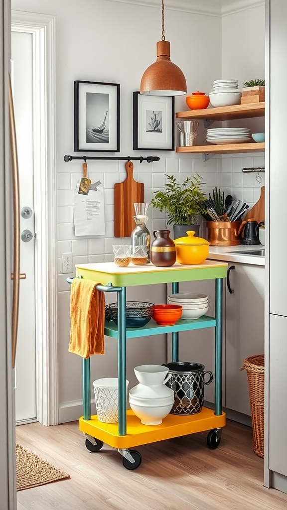 A colorful rolling cart with kitchen items in a small kitchen space.