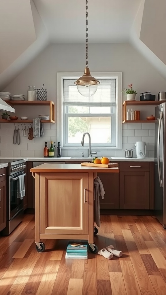 A small kitchen featuring a mobile wooden island on wheels, surrounded by dark cabinetry and wooden flooring.