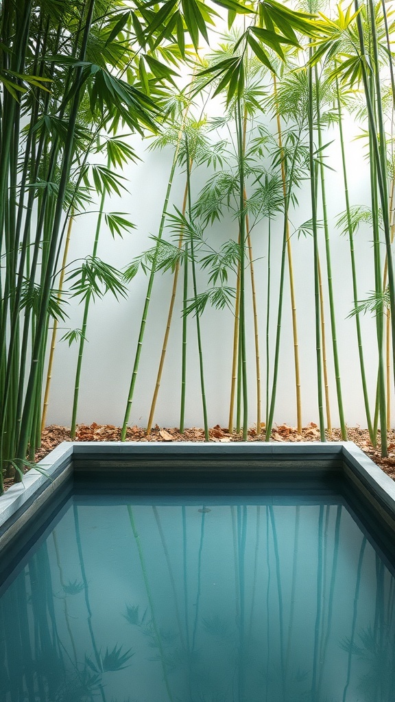 A small pool surrounded by tall bamboo plants, reflecting serene water
