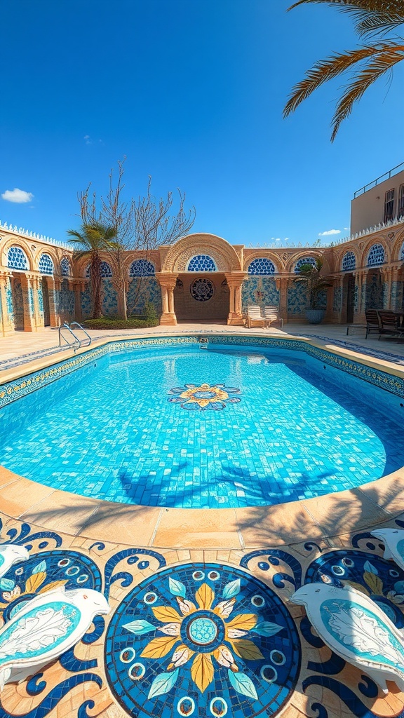 A small pool with artistic mosaics and surrounding architectural features