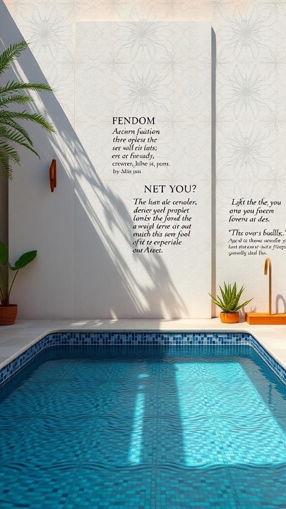 A small pool with vibrant blue mosaic tiles surrounded by potted plants and a minimalist wall.