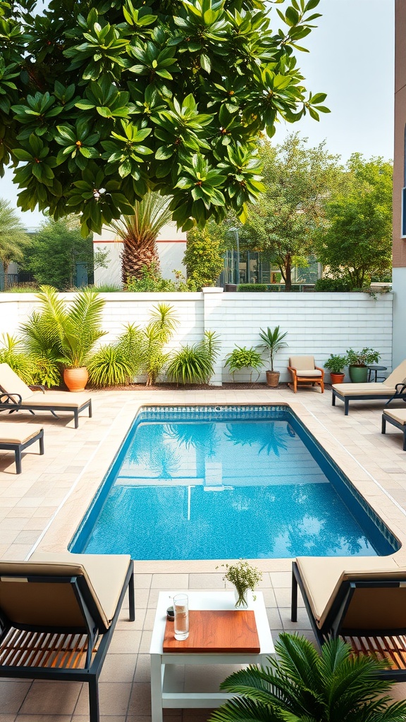 A small pool surrounded by deck chairs and greenery, creating a cozy outdoor space.