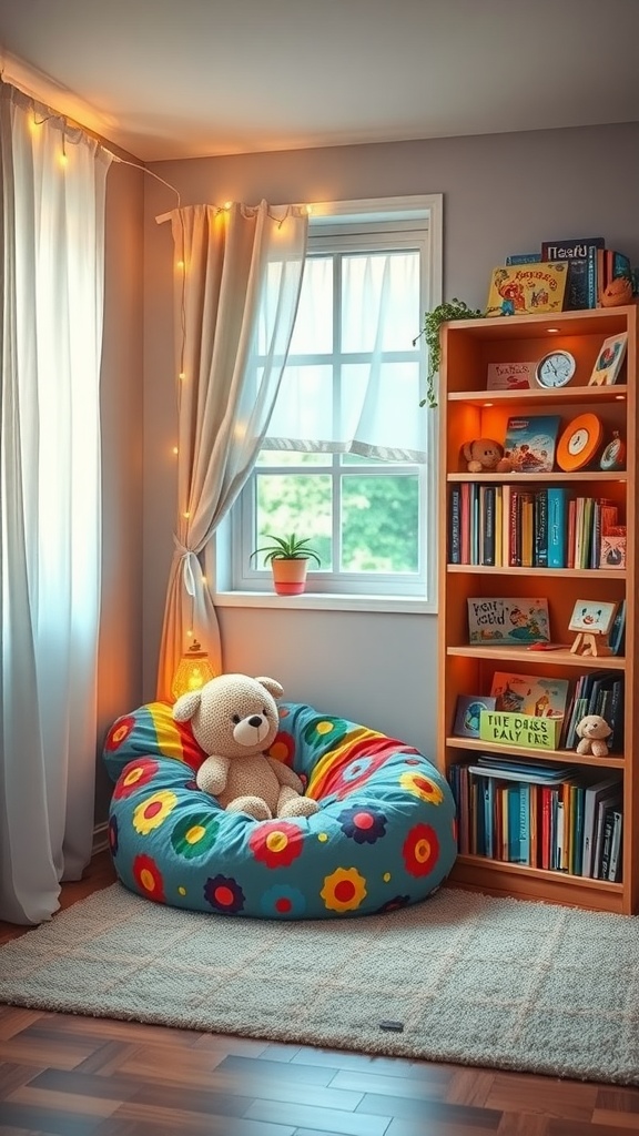 A colorful and cozy reading nook for kids with a bean bag chair, teddy bear, and a bookshelf.