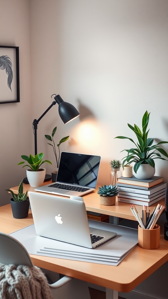 A cozy small space desk setup featuring a laptop, plants, and soft lighting.