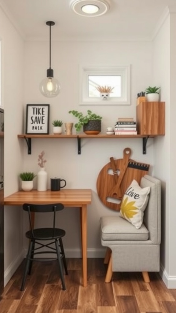 Cozy kitchen nook with a wooden table, black chair, gray bench, and decorative shelves.