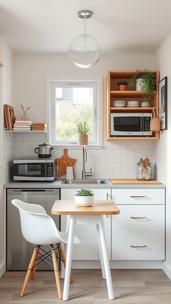 A small square kitchen featuring a compact layout with light colors, open shelving, and integrated appliances.