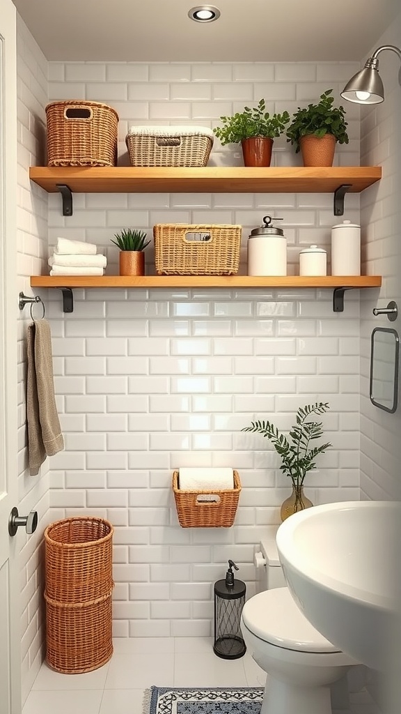 A well-organized bathroom with open shelves, decorative baskets, and plants