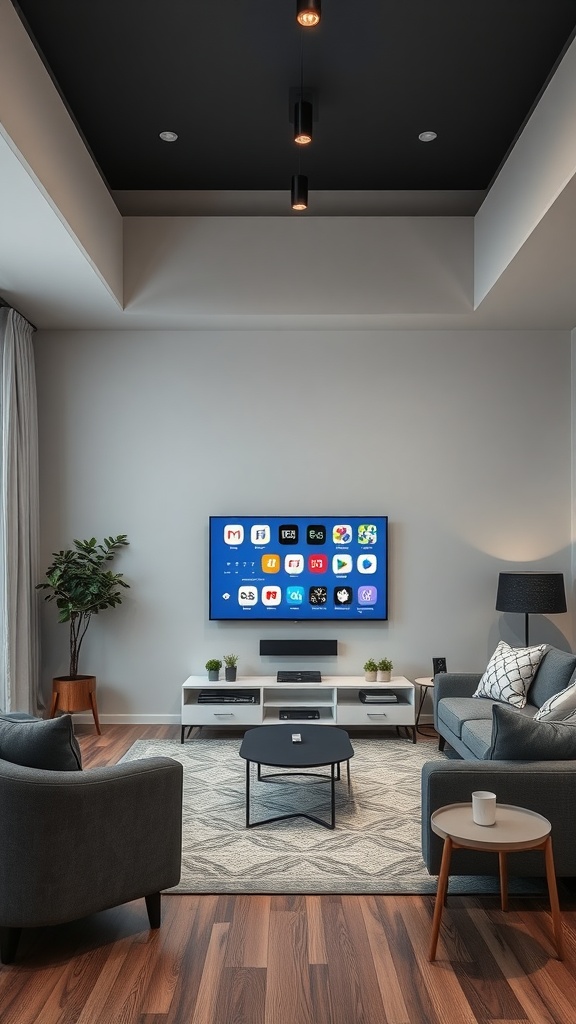 A modern living room featuring a flat-screen TV, stylish furniture, and a cozy layout