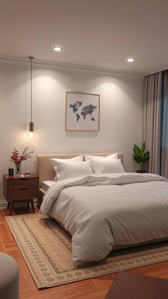 A modern men's bedroom with smart home features, including a stylish pendant lamp and sleek nightstand.