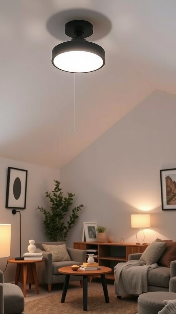 A modern low ceiling light fixture in a cozy living room.