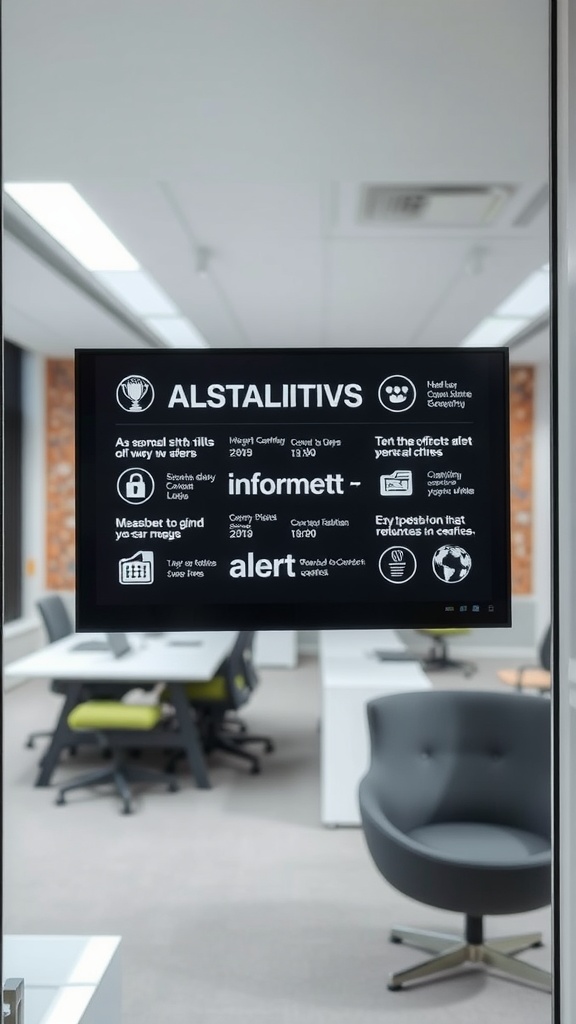 A smart mirror displaying digital information in a modern office setting