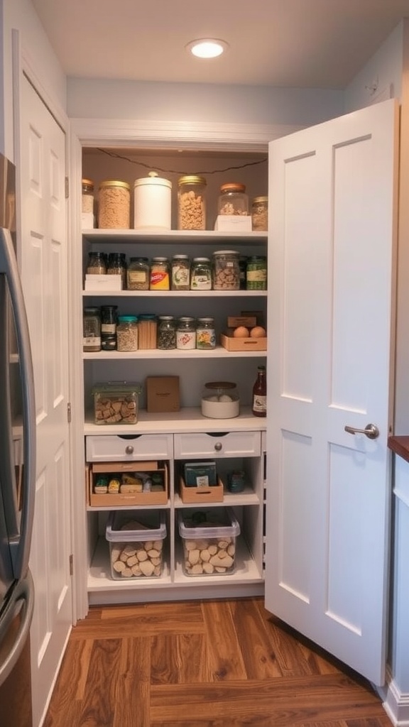 Organized small pantry with clear jars, neatly arranged shelves, and drawers