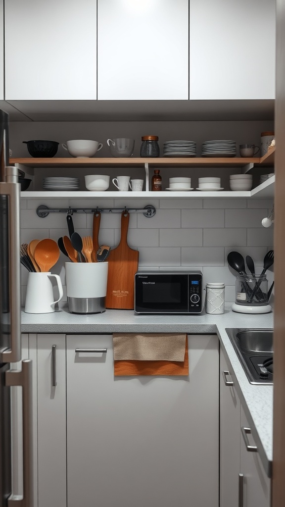 A small kitchen featuring organized shelves, a microwave, and stylish utensils.