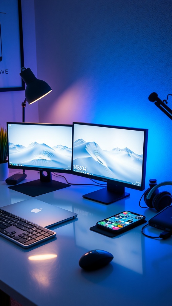 A modern home office setup featuring multiple screens, a laptop, smartphone, and smart lighting.
