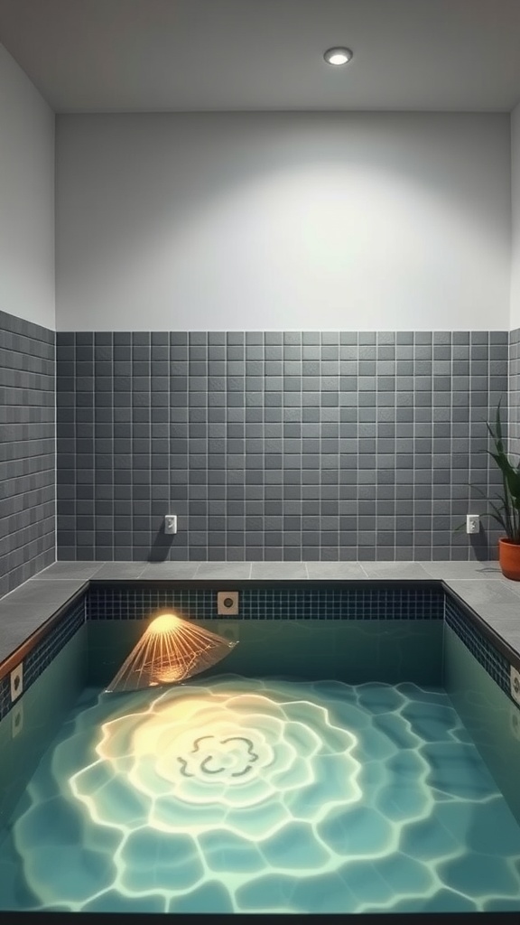 A modern small pool with gray tiles and ambient lighting, showcasing smart technology features.