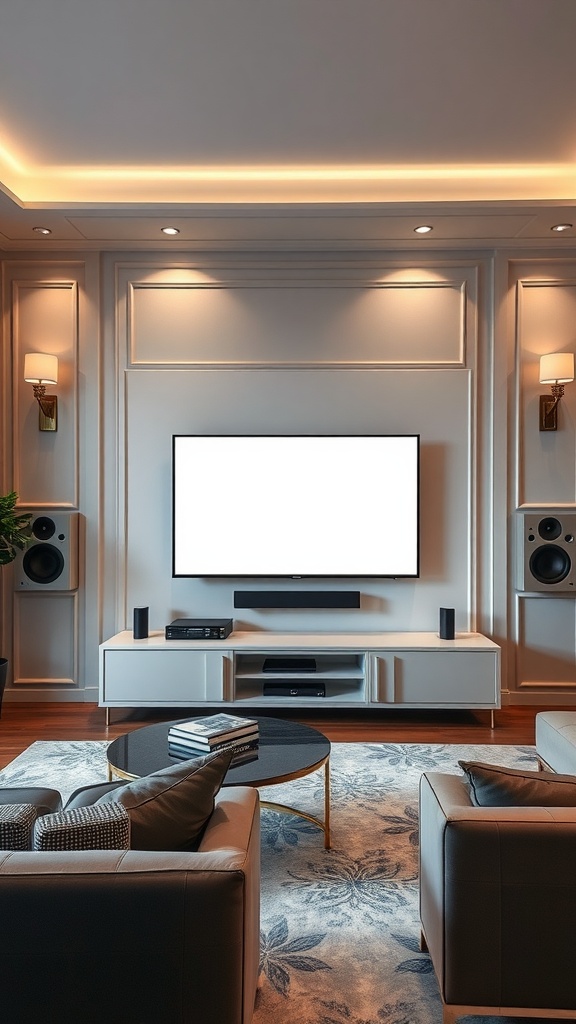 A modern luxury living room featuring a smart TV with surround sound setup, elegant furniture, and soft ambient lighting.