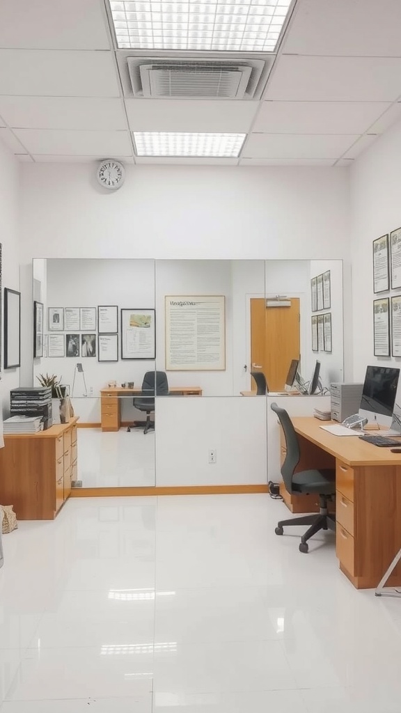 Small home office setup featuring a large mirror to create an illusion of space.