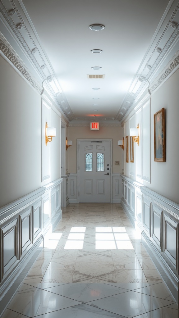 A bright hallway with a light-colored wall and elegant trims, featuring a door at the end and light reflecting off the polished floor.