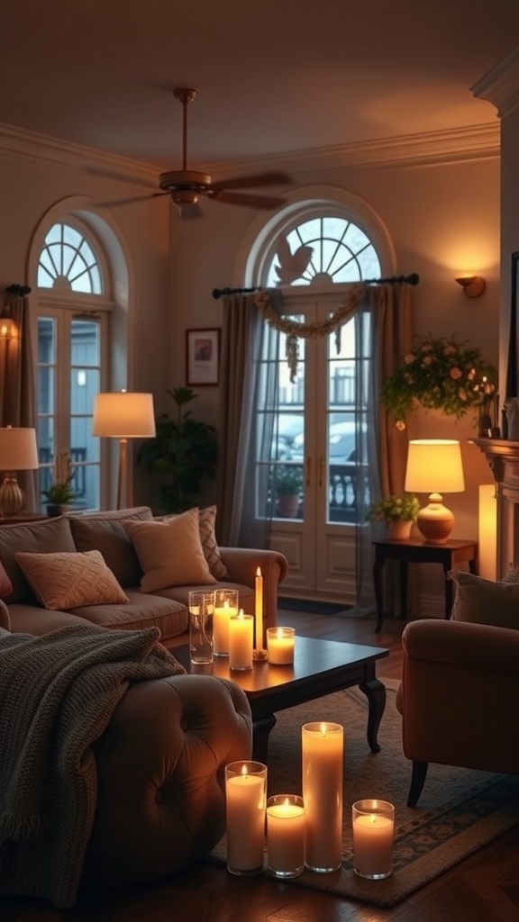 A warmly lit living room with candles, lamps, and soft furnishings creating a cozy ambiance.