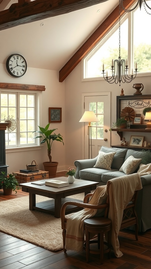 A cozy living room featuring soft lighting with a chandelier, large windows, and rustic decor elements.