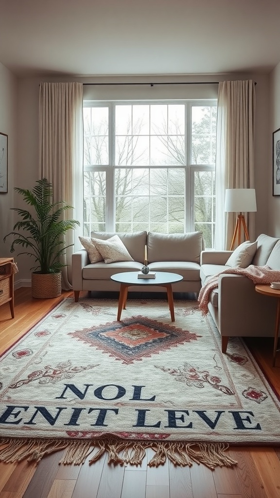 A cozy living room with a soft area rug, a coffee table, and large windows