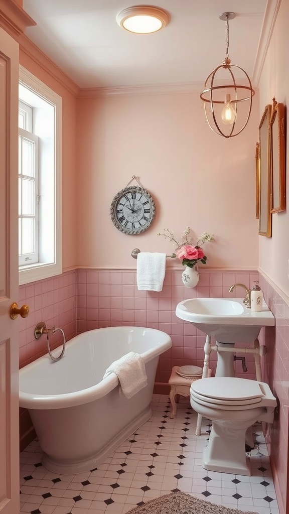 A cozy bathroom featuring soft blush tones, a classic bathtub, and elegant decor.