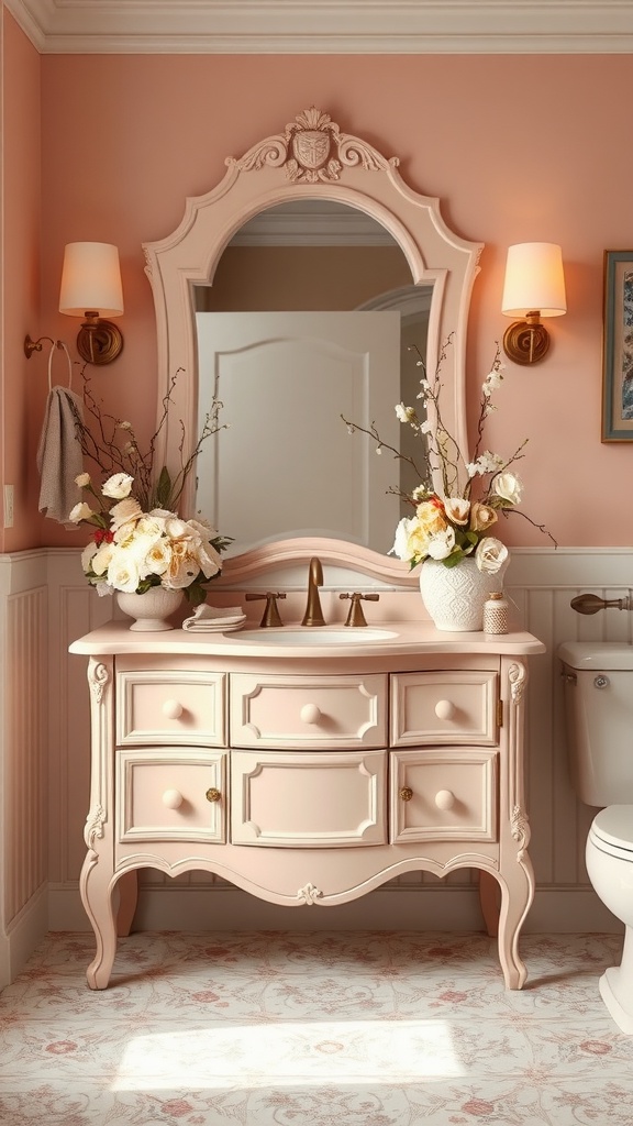 A blush pink bathroom vanity with elegant design, surrounded by floral arrangements and soft lighting.