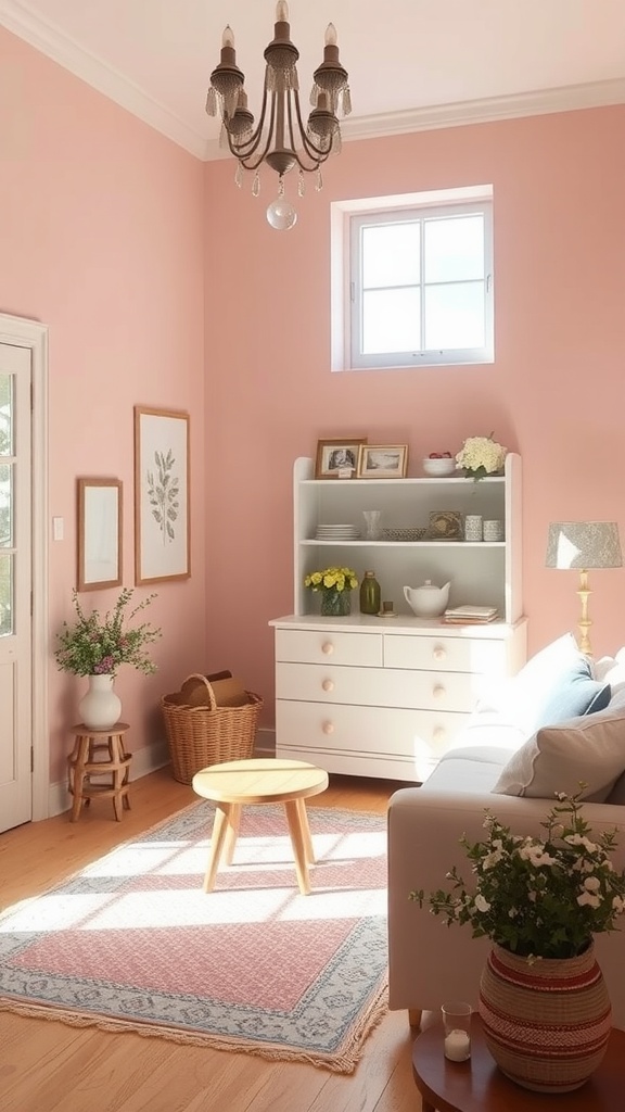A cozy room painted in soft blush pink with a wicker chair, wooden bench, and natural light.