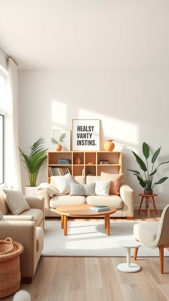A cozy living room with soft color palettes and natural light, featuring beige sofas, wooden furniture, and plants.