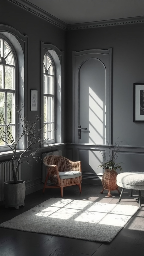 A dark room painted in soft dove gray with sunlight streaming through the windows, featuring a rattan chair and potted plants.