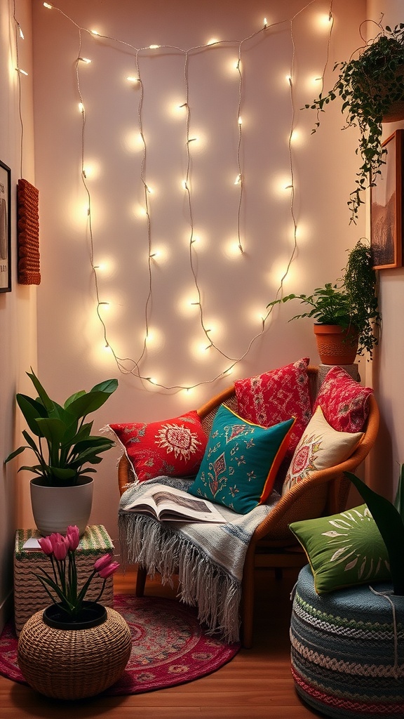 A cozy nook with fairy lights, a comfortable chair with colorful pillows, and potted plants, creating a warm and inviting atmosphere.