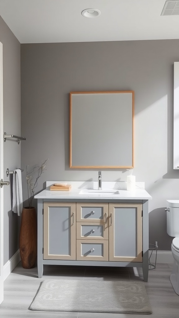 A modern bathroom featuring a soft gray vanity with beige accents, complemented by natural light and minimal decor.