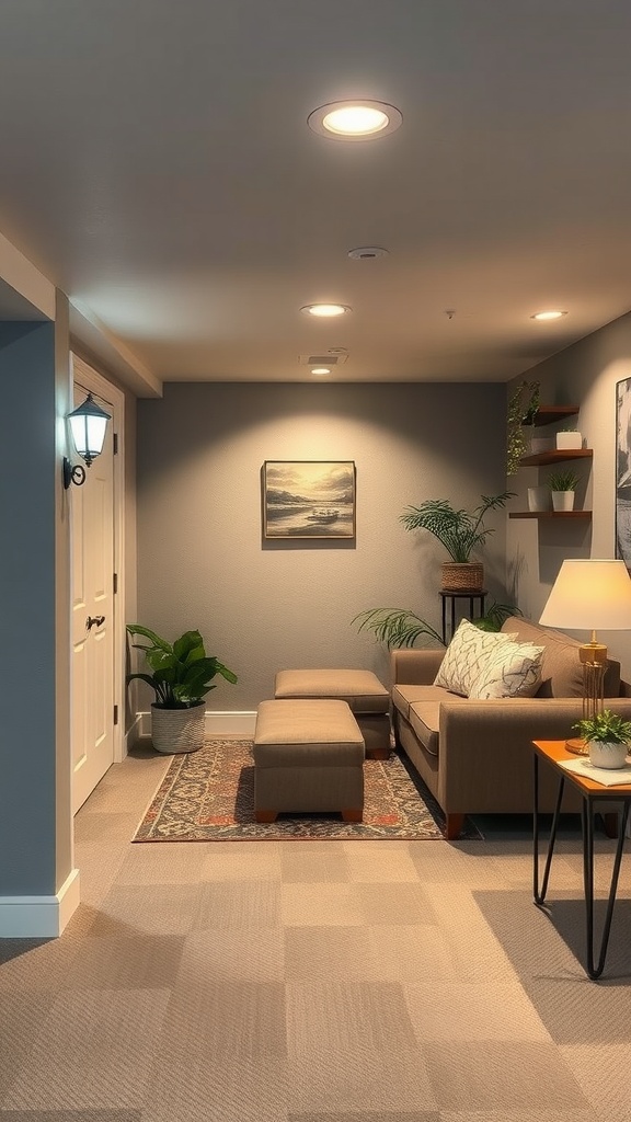 Cozy basement area with soft gray walls, comfortable seating, plants, and decorative lighting.