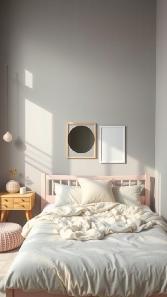 A cozy bedroom featuring soft grey walls, a pastel pink bed frame, fluffy white bedding, and minimal decor.