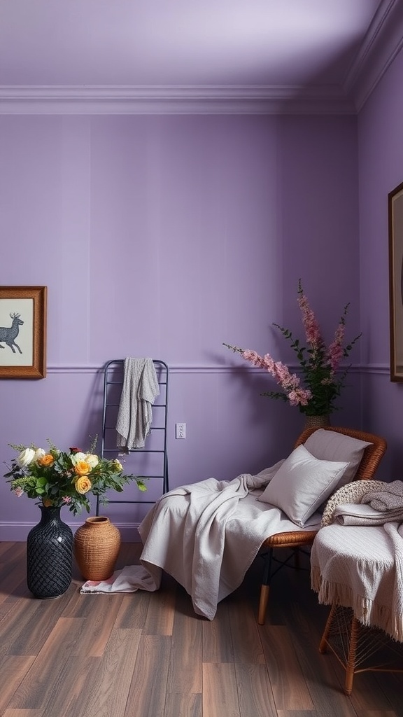 A cozy room featuring soft lavender walls, warm wooden flooring, and decorative elements like flowers and cushions.