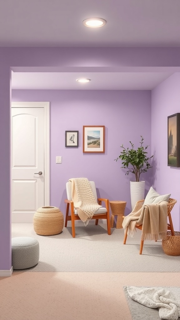 A basement with soft lavender walls, featuring cozy seating and decorative plants.