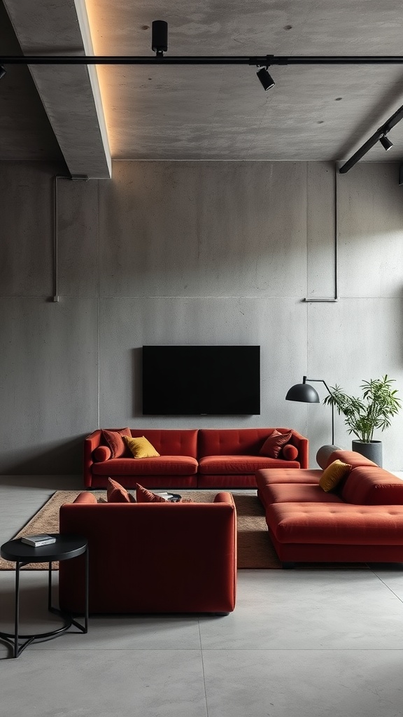 A modern living room featuring soft lighting that highlights concrete walls and red velvet sofas.