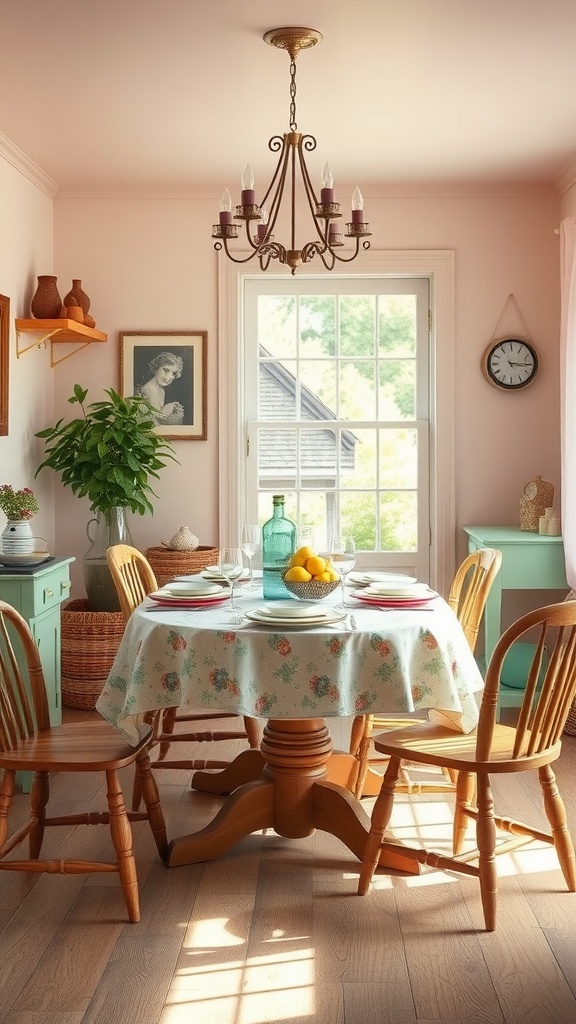 A cozy cottage core dining room featuring soft pastel colors, a round table set for a meal, and bright natural light.