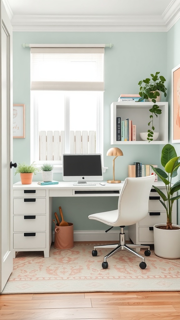 A feminine small home office featuring soft pastel colors, a mint green chair, and organized decor.