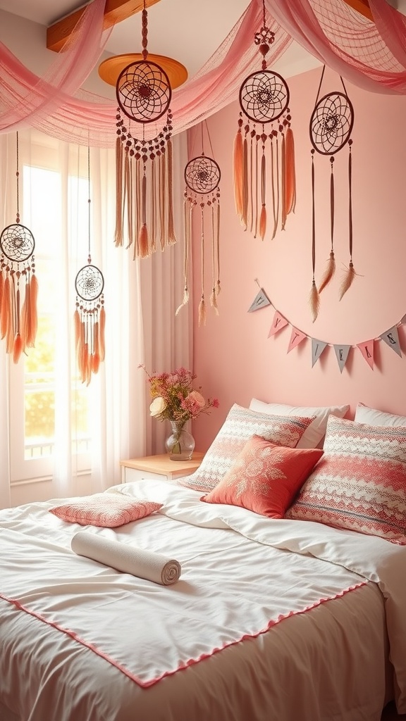 A cozy boho-style bedroom with pink canopy, dreamcatchers, and soft pillows.