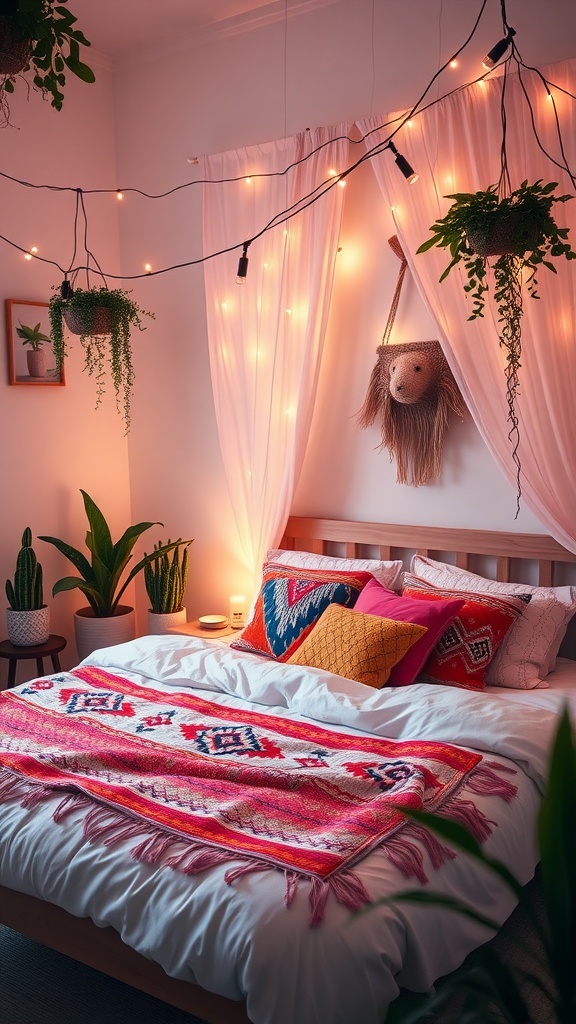 A cozy bedroom with pastel fairy lights, colorful cushions, and plants, creating a warm atmosphere.