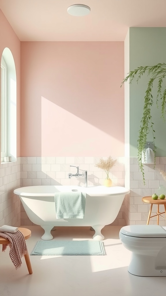 A pastel-colored bathroom featuring a pink wall, green accents, a white bathtub, and natural decor.