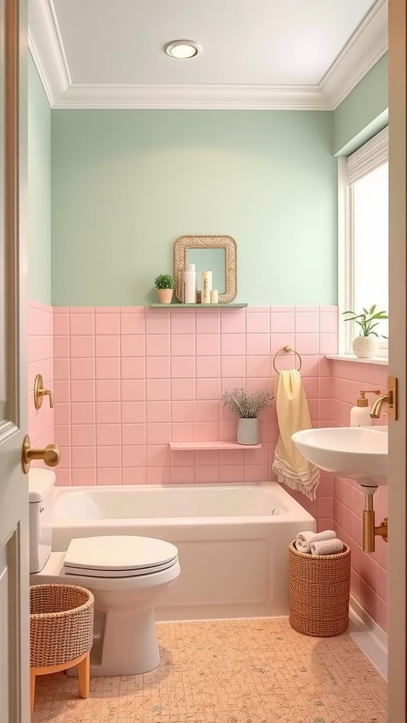 A cozy bathroom featuring mint green and soft pink colors, showcasing a tub, sink, and natural decor.