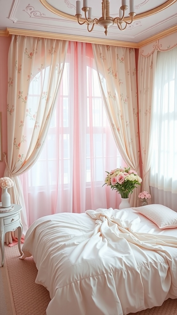 A cozy bedroom featuring soft pastel colors, with a light comforter on the bed, sheer curtains, and a vase of pink roses.