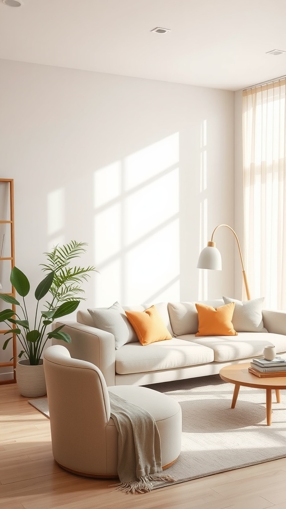 Living room with soft pastel colors, featuring a light-colored sofa with orange pillows, a round coffee table, and a potted plant, all bathed in natural light.