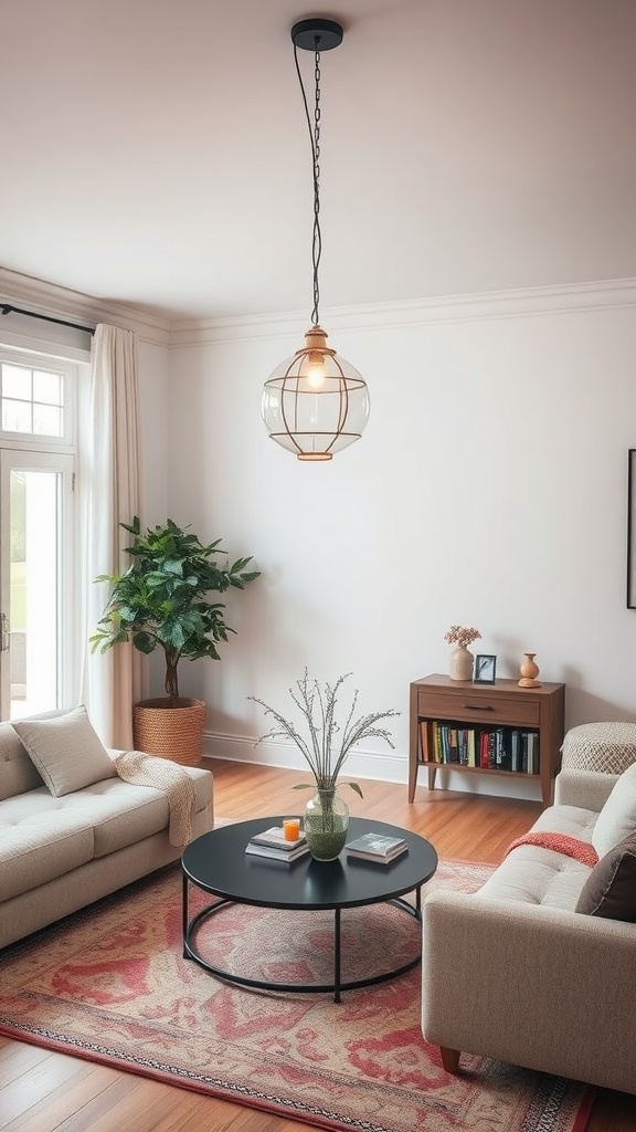 A cozy living room featuring soft pendant lights above a black coffee table, surrounded by beige sofas and a decorative rug.